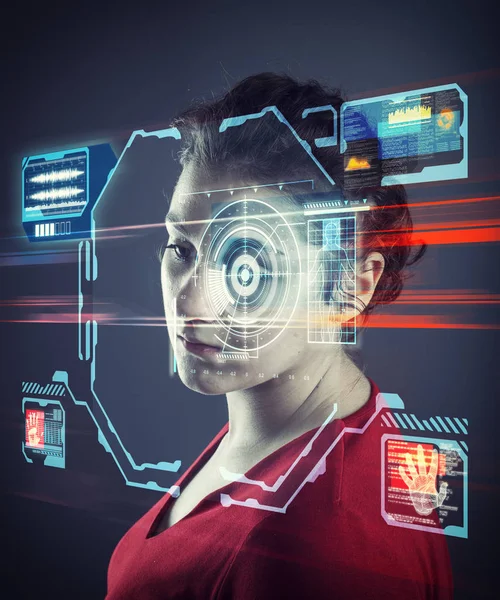 Woman Using Face Recognition System Personal Data Information Being Analyzed — Stock Photo, Image