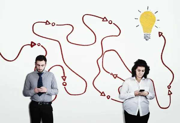 Two People Using Smartphones White Wall Drawn Path Success — Stock Photo, Image