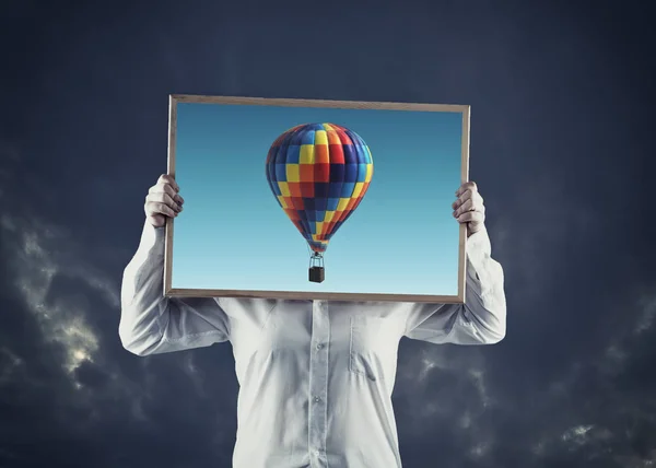 Artist Holding Picture Hot Air Balloons Flying Dramatic Sky Background — Stock Photo, Image