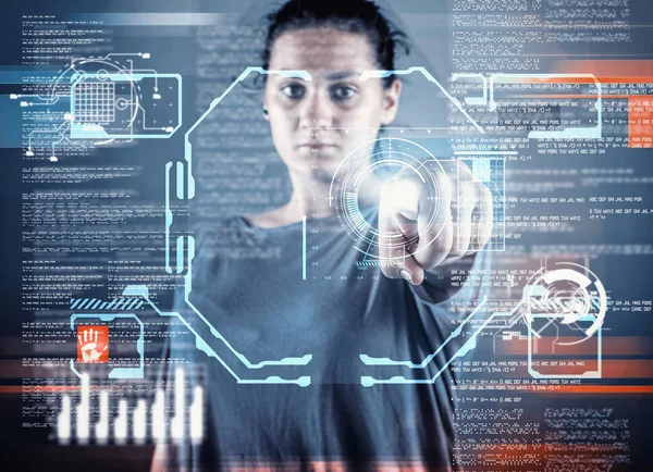 Mujer Presionando Una Pantalla Táctil Con Infografías Datos Futuristic Interfaz — Foto de Stock