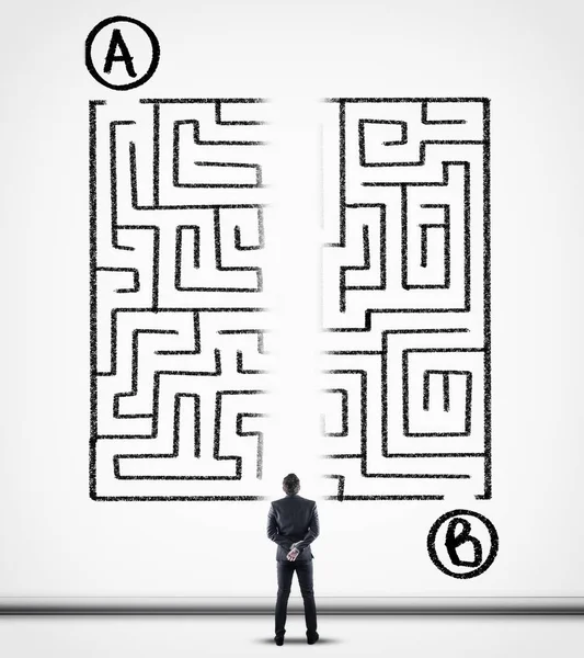 Tankeväckande Affärsman Lösa Labyrint Med Genväg Labyrint Vit Vägg Peka — Stockfoto