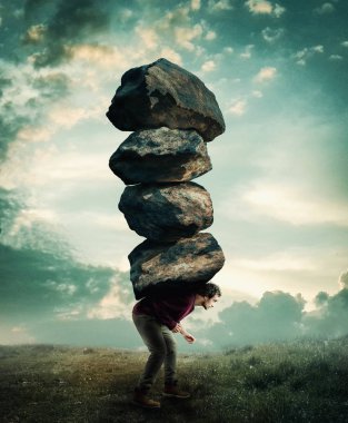 Man carries a stack of heavy rocks. clipart