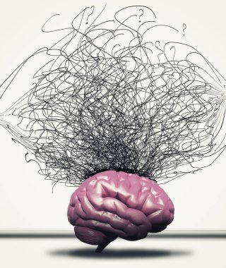 Brain against a chaotic arrows drawn on wall.  clipart