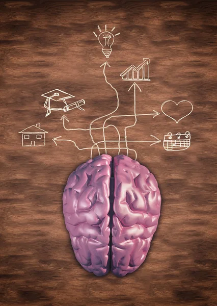 Human brain on a wooden table drawn with arrows leading to different icons.