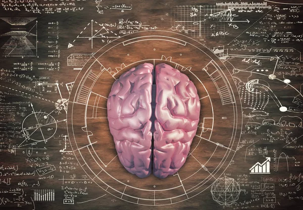 Cerveau Contre Table Bois Plein Formules Mathématiques — Photo