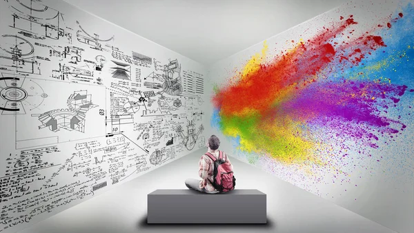 Beyin hemisferlerin tarafından bölünmüş bir odada oturan genç adam. Yaratıcı yarım buçuk mantıksal.