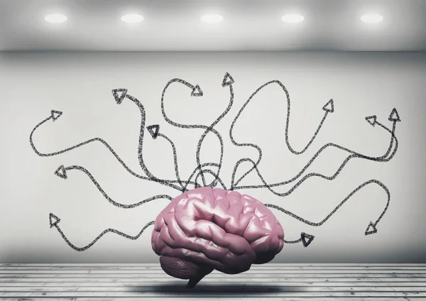 İnsan beyni duvara çizilen kaotik oklarla beyaz odada. Farklı seçimler kavramı.