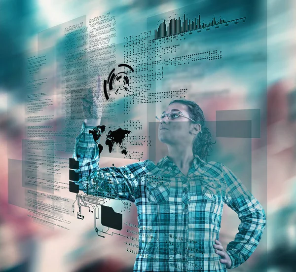 Woman Using Futuristic Touch Screen Computer Colorful Background — Stock Photo, Image