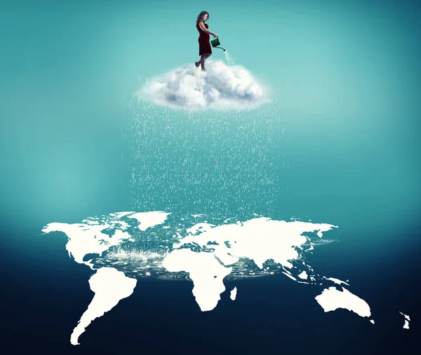 Mujer Regando Mapa Del Mundo Través Una Nube — Foto de Stock