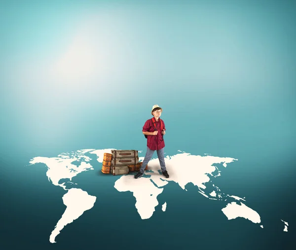 Young Traveller Standing World Map Luggages Concept Travel Booking — Stock Photo, Image