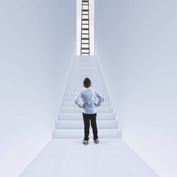 Businessman standing in a hallway in front of the stairs . Ladder on top of the stairs. The concept of success .