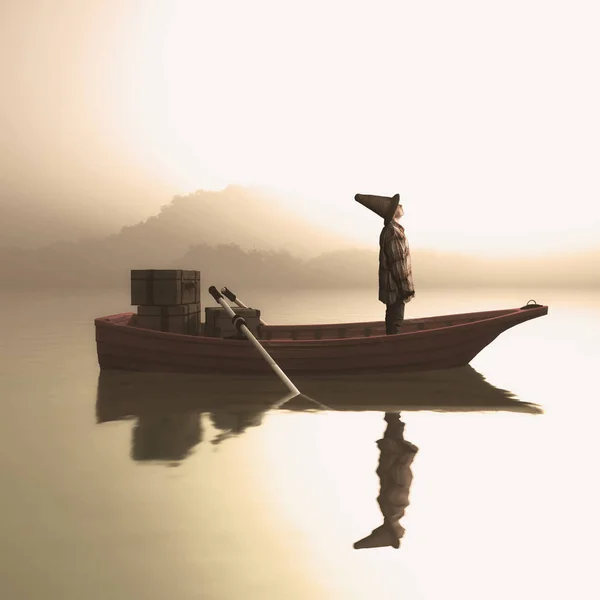 Misty Lake Boat — Stockfoto