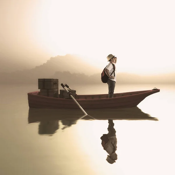 Misty Lake Boat — Stockfoto