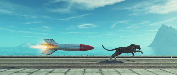 Cheetah Running Highway Rocket Render Illustration — Stock Photo, Image