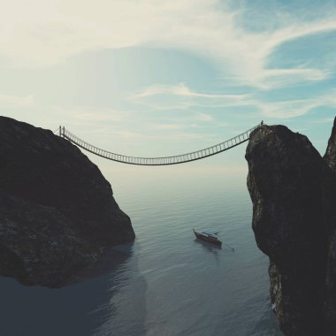 Okyanus kıyısındaki iki dağ arasında eski bir köprü. Bu 3 boyutlu bir çizim.