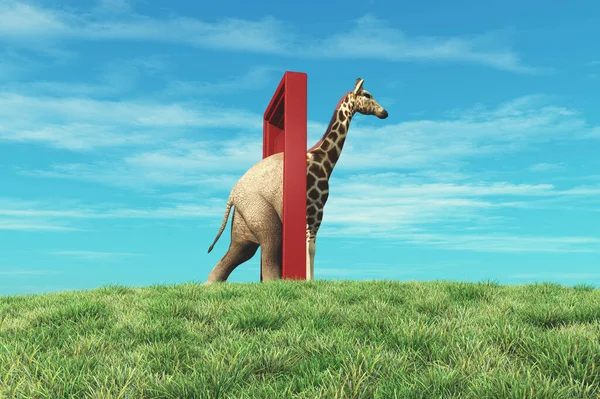 Elephant Entering Door Gets Out Giraffe Changing Mindset Different Approach — Stock Photo, Image