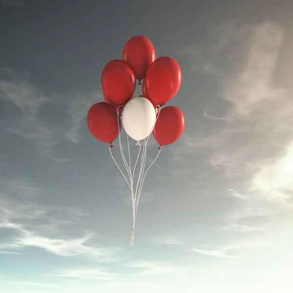 White balloon fin a group of red balloons in the sky . Stand out in the crowd and be different concept . This is a 3d render illustration .