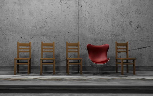 Row of wooden chairs with one odd modern one . Unique concept with an red oustanding chair . This is a 3d render illustration .