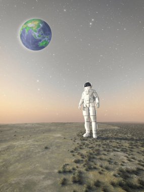 Gökyüzünde yer küresi olan bir astronot sahada. Bu 3 boyutlu bir çizim. . 