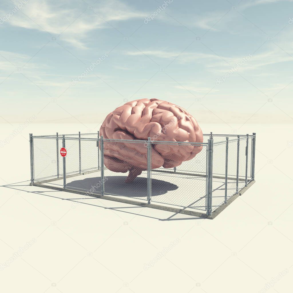 Human brain closed in a cage . Limited mind and boundaries concept . This is a 3d render illustration .