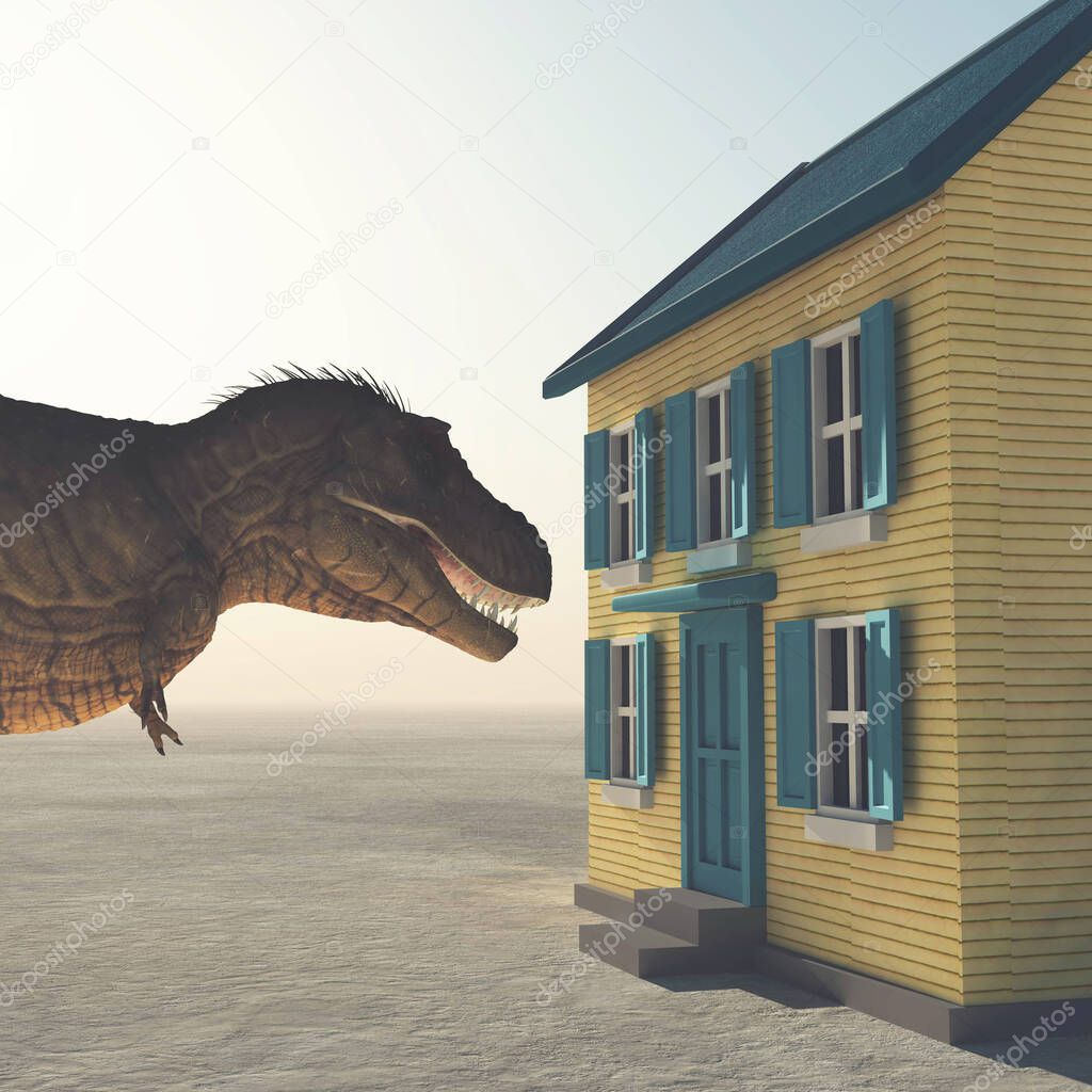 T rex in front of a house . Past due and unpaid bills warning concept . This is a 3d render illustration . 