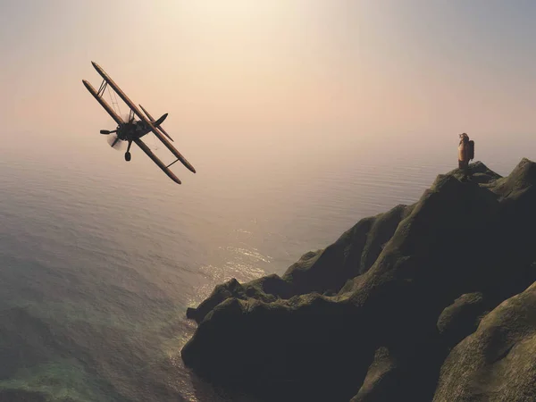 Reiziger Kijkt Omhoog Naar Een Vliegtuig Aan Kust Bij Oceaan — Stockfoto