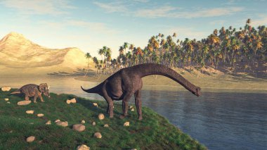 Brachiosaurus ve Triceratops gölün yanındaki vadide. Bu 3 boyutlu bir çizim. . 