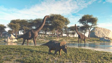 Brachiosaurus ve Triceratops gölün yanındaki vadide. Bu 3 boyutlu bir çizim. . 