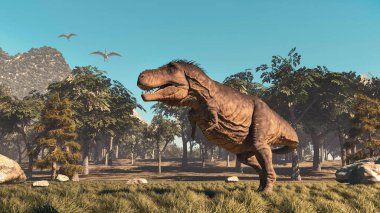 Ormandaki T-Rex. Bu 3 boyutlu bir çizim. . 