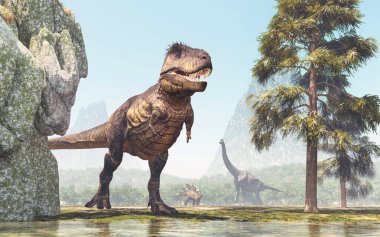 Ormandaki T-Rex. Bu 3 boyutlu bir çizim. . 