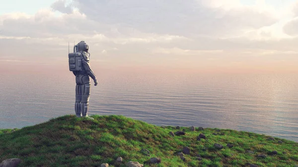 Astronauta Parado Cima Acantilado Admirando Océano Esta Una Ilustración Renderizado — Foto de Stock