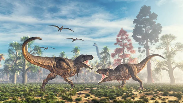 Тираннозавры Дерутся Долине Render Illustration — стоковое фото