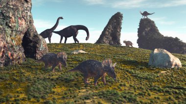 Dinozorlar kayalarla birlikte sahada. Bu 3 boyutlu bir çizim. .