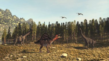 Ormandaki dinozorlar. Bu 3 boyutlu bir çizim. .