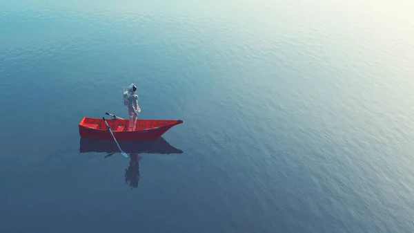 Astronauta Una Barca Rossa Nell Oceano Questa Illustrazione Rendering — Foto Stock