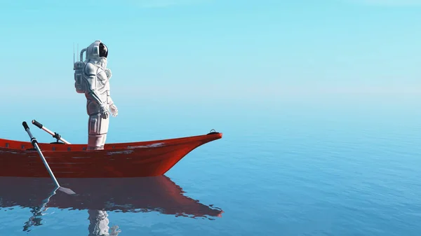 Астронавт Червоному Човні Океані Ілюстрація Рендеринга — стокове фото