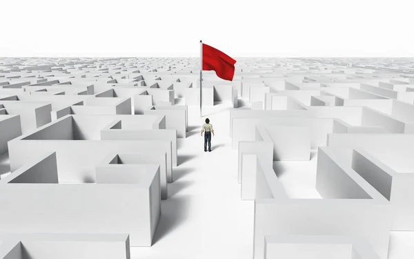 Uomo Affari Che Guarda Bandiera Rossa Labirinto Labirinto Risolto Questa — Foto Stock