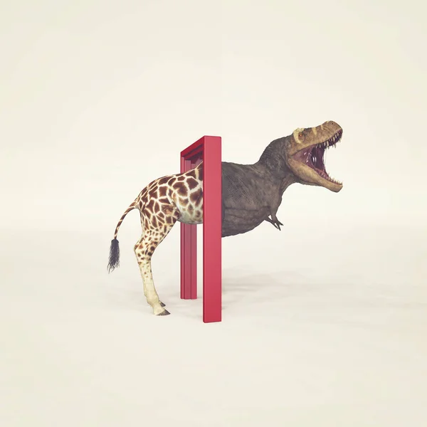 Żyrafa Wchodzi Przez Drzwi Wychodzi Jako Rex Zmiana Mentalności Koncepcja — Zdjęcie stockowe
