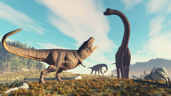 Tyrannosaurus rex roars at a brachiosaurus in the nature  . This is a 3d render illustration .