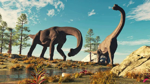 Doğadaki bir derenin yanında iki brachiosaurus. Bu 3 boyutlu bir çizim. . 