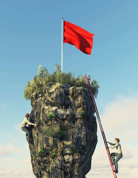 Zwei Männer Klettern Auf Einem Felsen Auf Eine Rote Fahne — Stockfoto