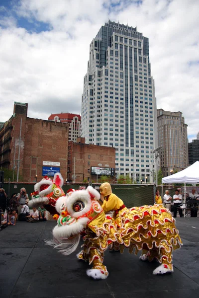 Baile Del León Chinatown Boston Durante Celebración Del Año Nuevo — Foto de Stock