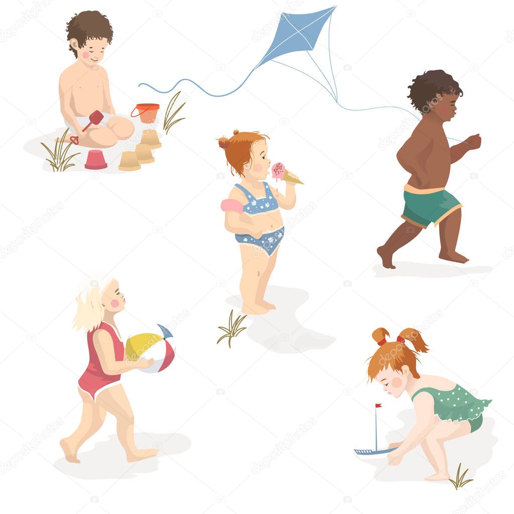 Collection of cartoon kids playing at the beach. Character set. Vector