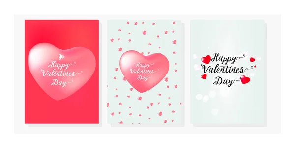 Feliz Día San Valentín Set Tarjetas Con Texto Caligrafía Corazones — Vector de stock