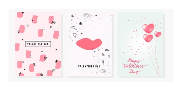 Happy Valentine Day Set Cards Text Trendy Background Hand Drawn — ストックベクタ