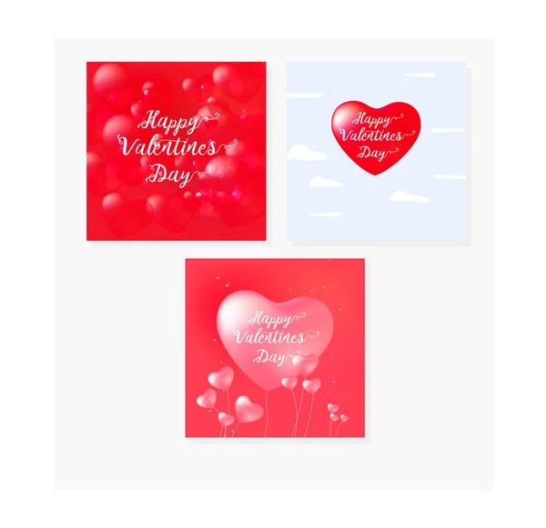 Joyeuses Cartes Saint Valentin Avec Texte Calligraphie Cœurs Ballon Rouge — Image vectorielle