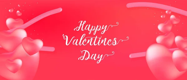 Buon San Valentino Banner Con Testo Calligrafia Cuori Palloncino Rosso — Vettoriale Stock