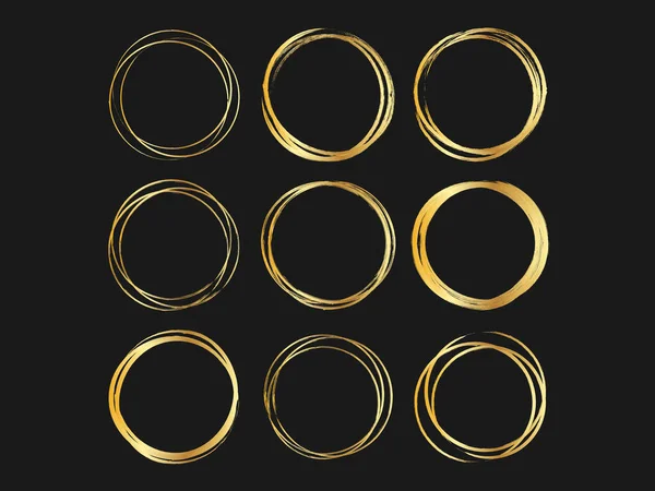 Uppsättning Gold Circle Fläckar Former Vektorillustration Hand Dras Metalliska Ringar — Stock vektor