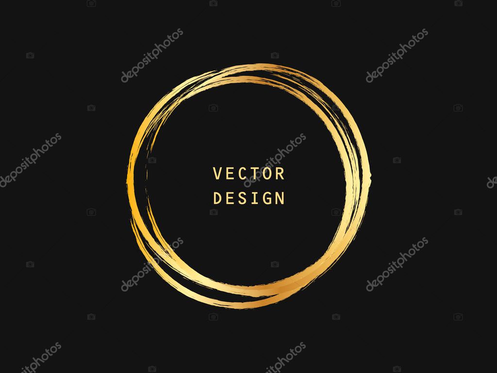 Metalic gold circle shape. Label, logo design element, frame. Brush abstract wave. Vector illustration.