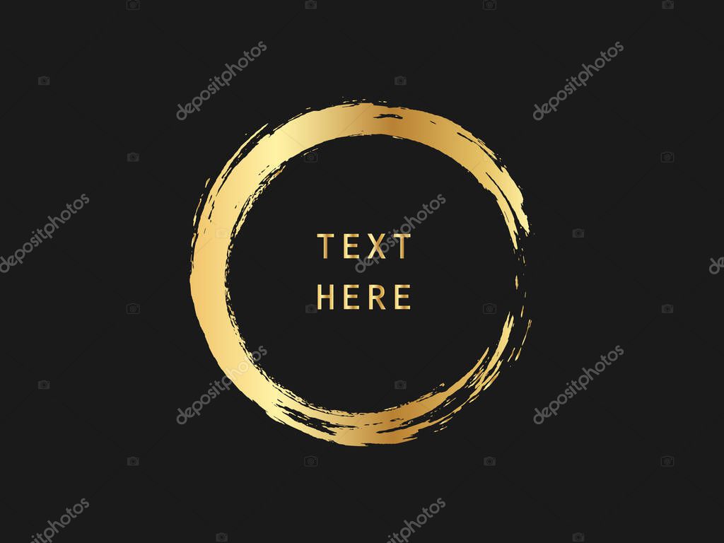 Metallic gold circle shape. Label, logo design element, frame. Brush abstract wave. Vector illustration.
